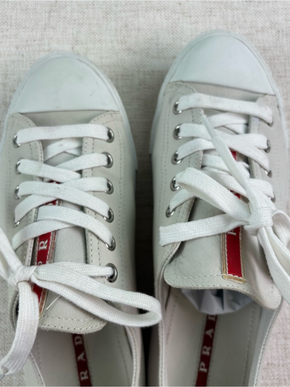 Prada women's size 38.5 White Leather low top Sneakers with Red Stripe Detail - Picture 7 of 16